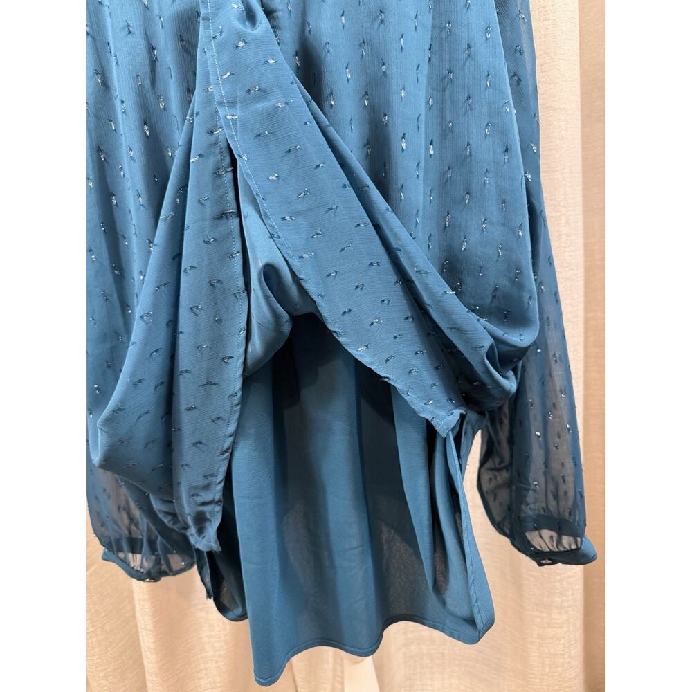 Isaac Mizrahi Live Teal Ruffle Blouse 26W Sheer Swiss Dot Tunic Top Elegant - Picture 5 of 13